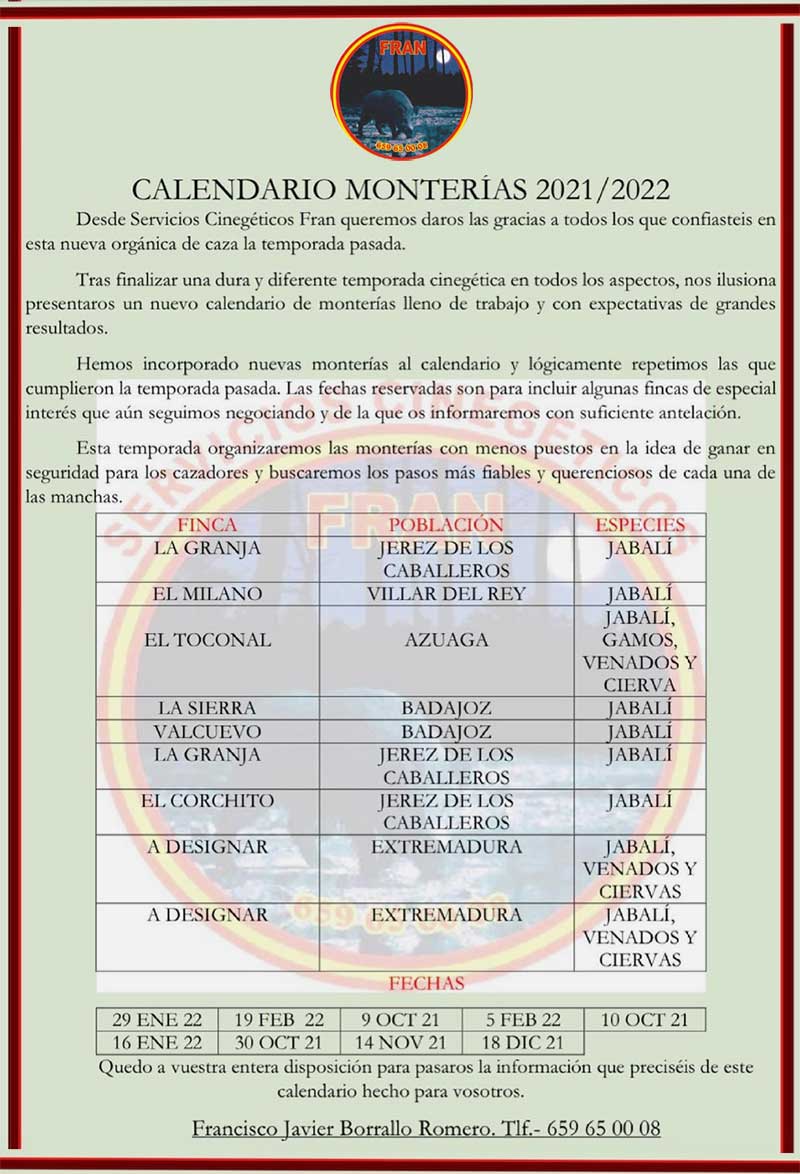 Programa Monterías Fran Servicios Cinegéticos
