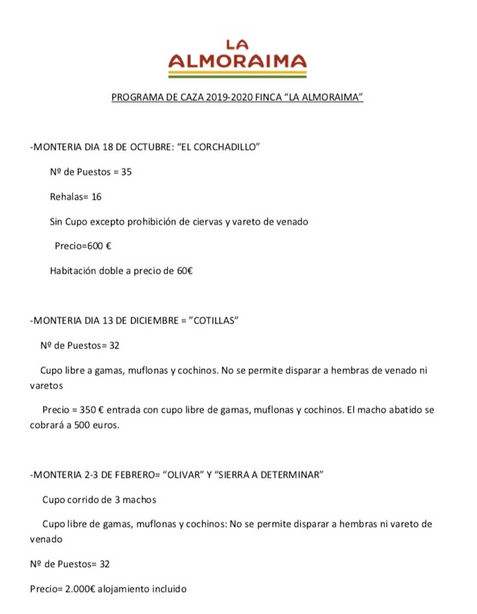 Programa Monterías Finca La Almoraima